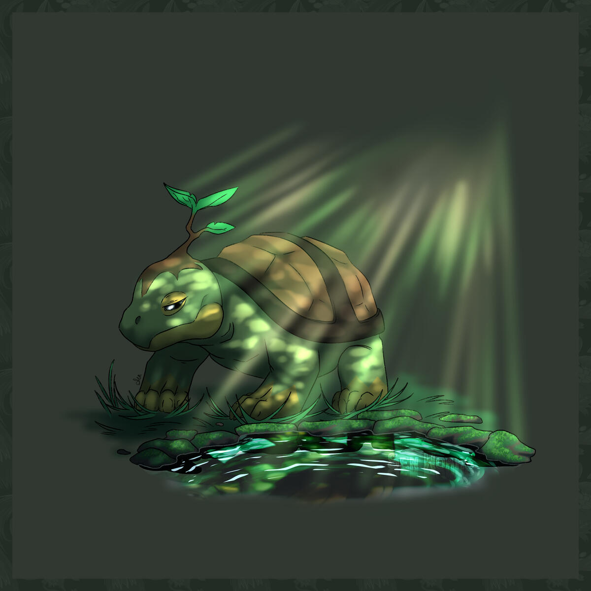 A restricted, scenic view of a stylistic Turtwig (Pokemon™) peering over a pond while bathed by forested sunlight.