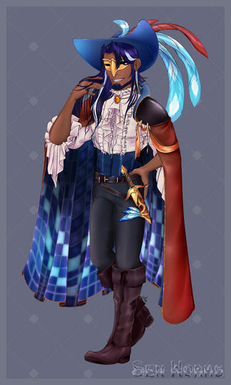 A reference design of El Dazante (©shipping_handling aka Captain) wearing extravagant finery, inspired by Quaquaval (Pokemon™)