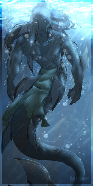 Depicts a merman situated near the surface of the water, staring upon the viewer with a neutral expression.